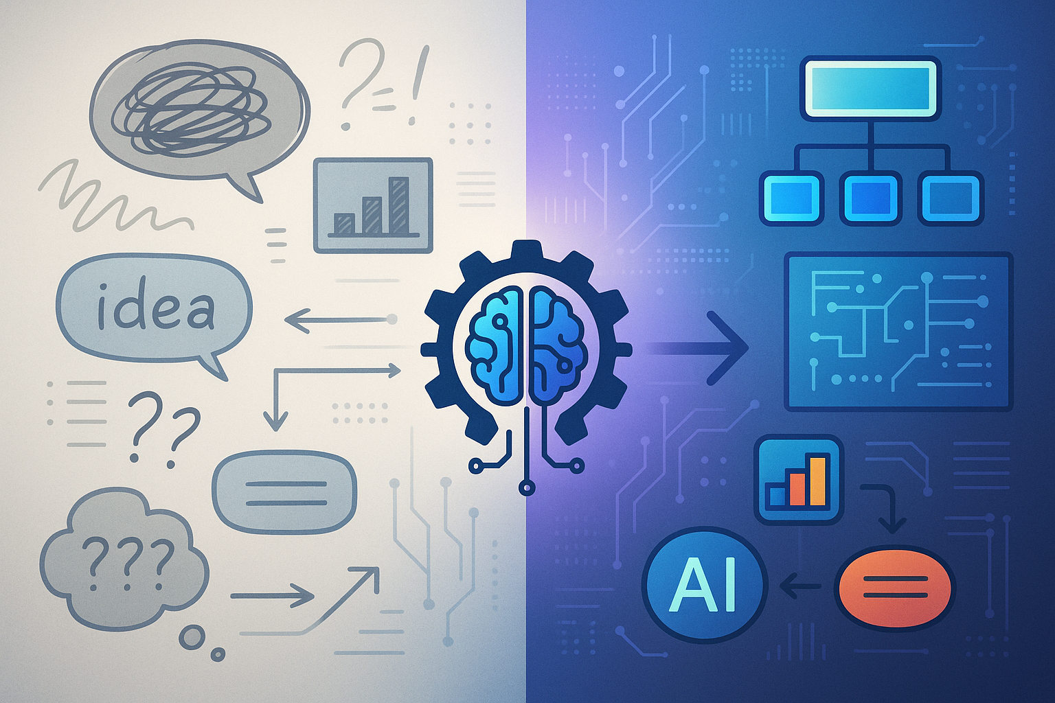 The transformation from chaotic ideas to structured AI blueprints.