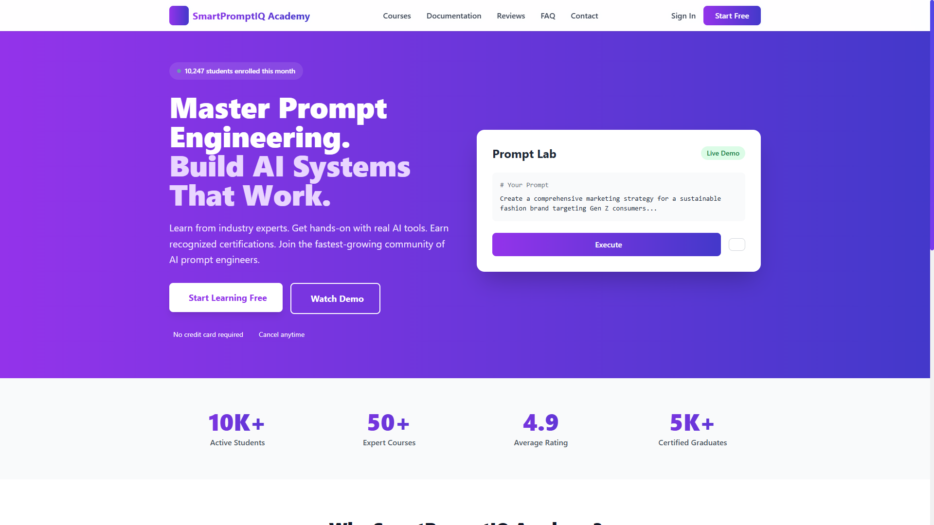 screen shot dashboard of smartpromptiq academy