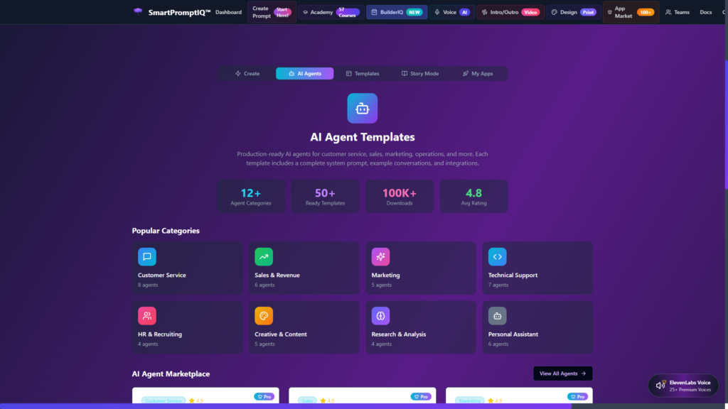 SmartPromptIQ builder dashboard showing AI prompt creation tools, workflow panels, and app-building features