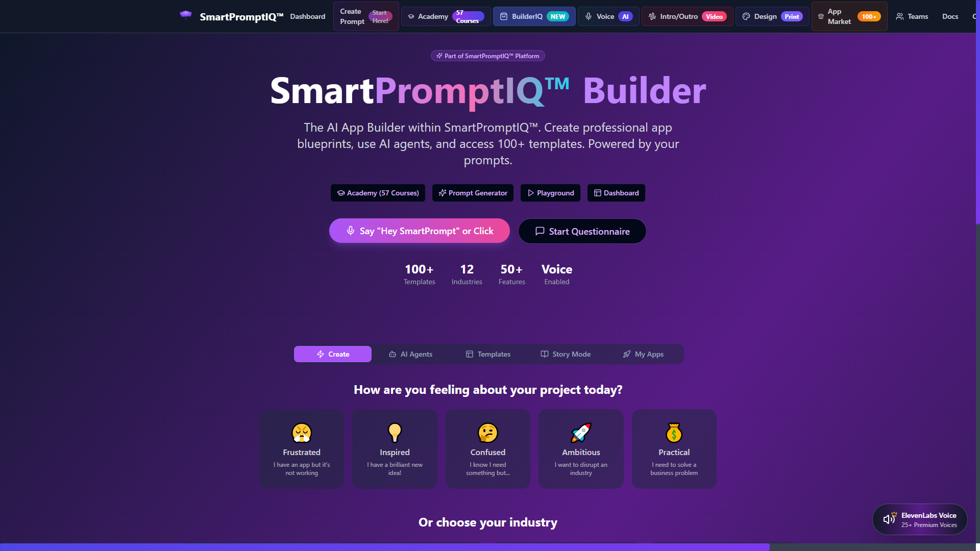 SmartPromptIQ builder dashboard showing AI prompt creation tools, workflow panels, and app-building features